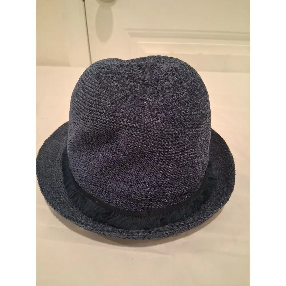 Kohl's Women's Navy Blue Knit Fedora Panama Hat Black Fringe Ribbon Band O/S